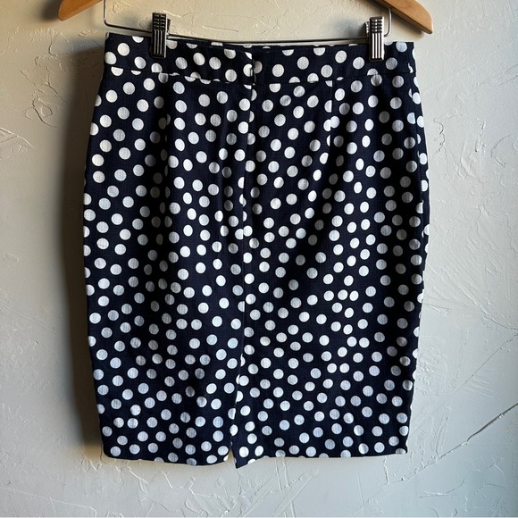 J.Crew Navy Blue and White Large Polka Dot The Pencil Skirt Sz 2 100% Cotton - Picture 2 of 12